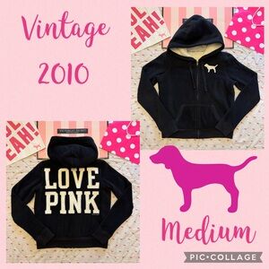 VS PINK VINTAGE Y2K FULL ZIP FLEECE SHERPA HOODIE JACKET BLACK PATCH DOG HTF M